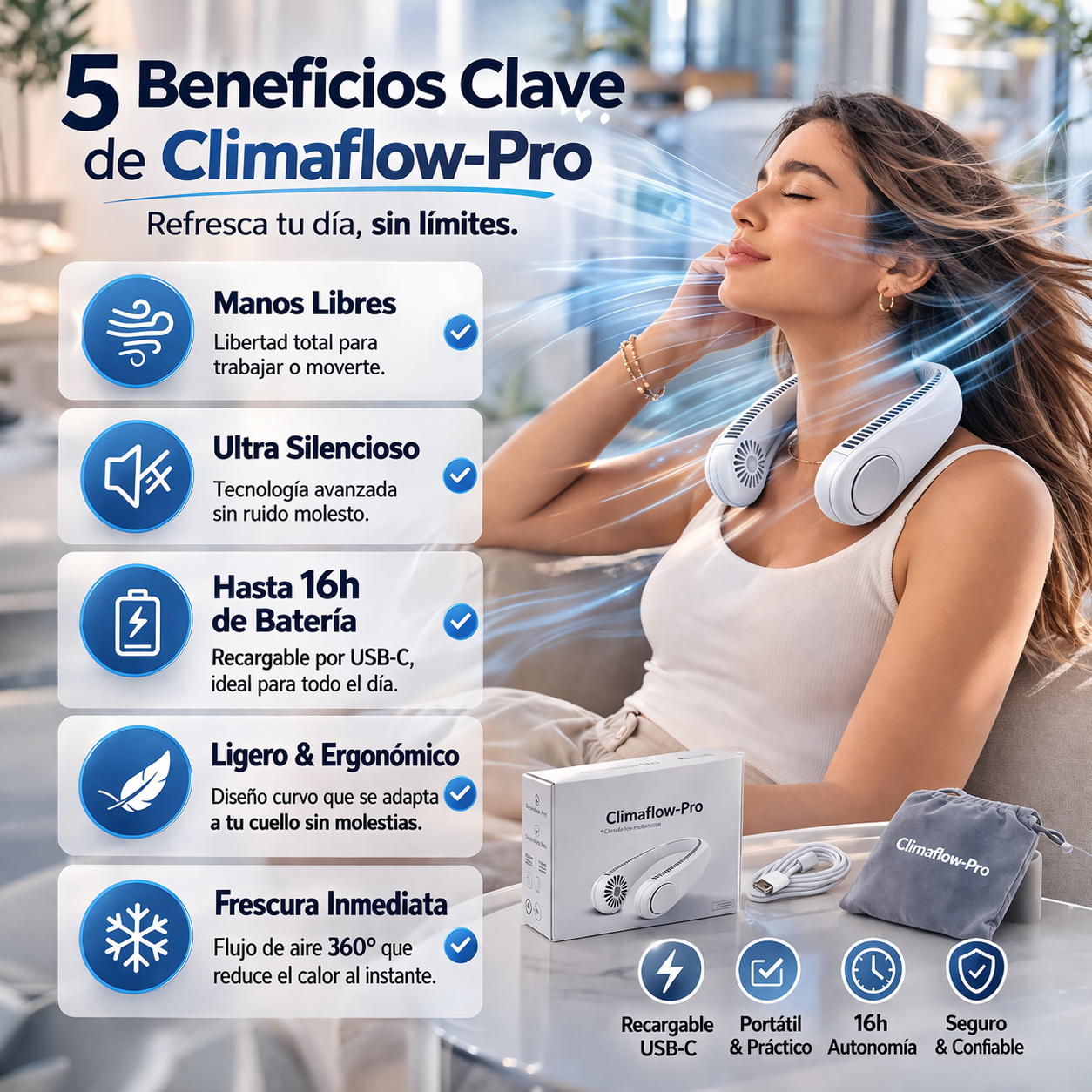 ClimaFlow-Pro Ventilador Recargable de Cuello