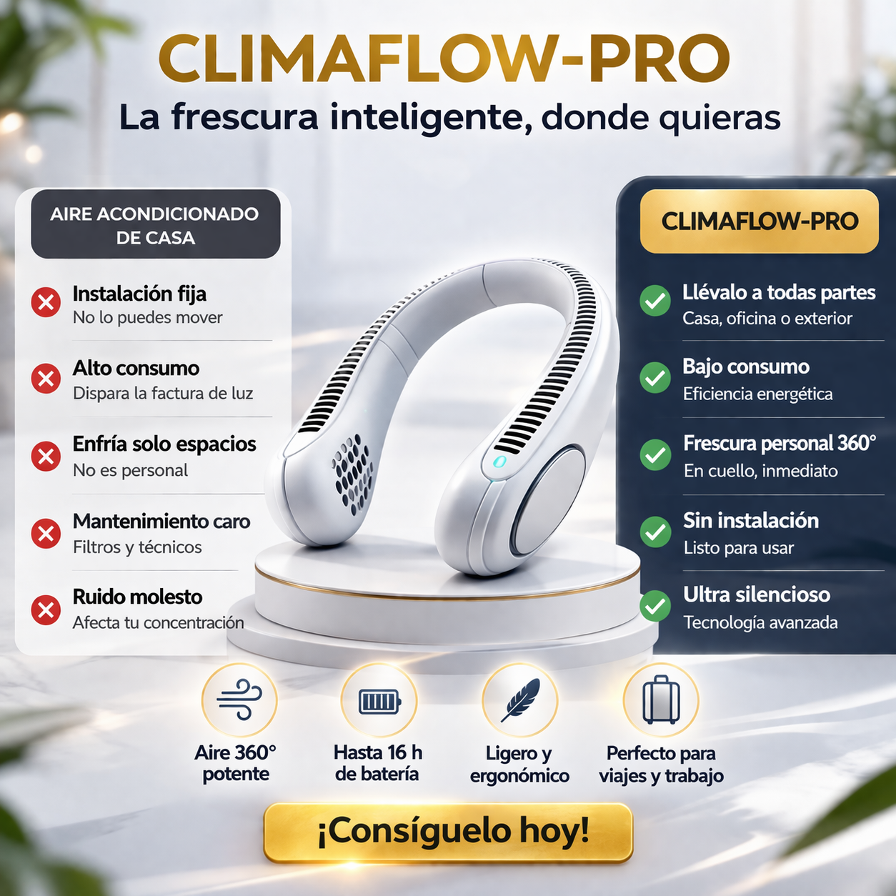 ClimaFlow-Pro Ventilador Recargable de Cuello