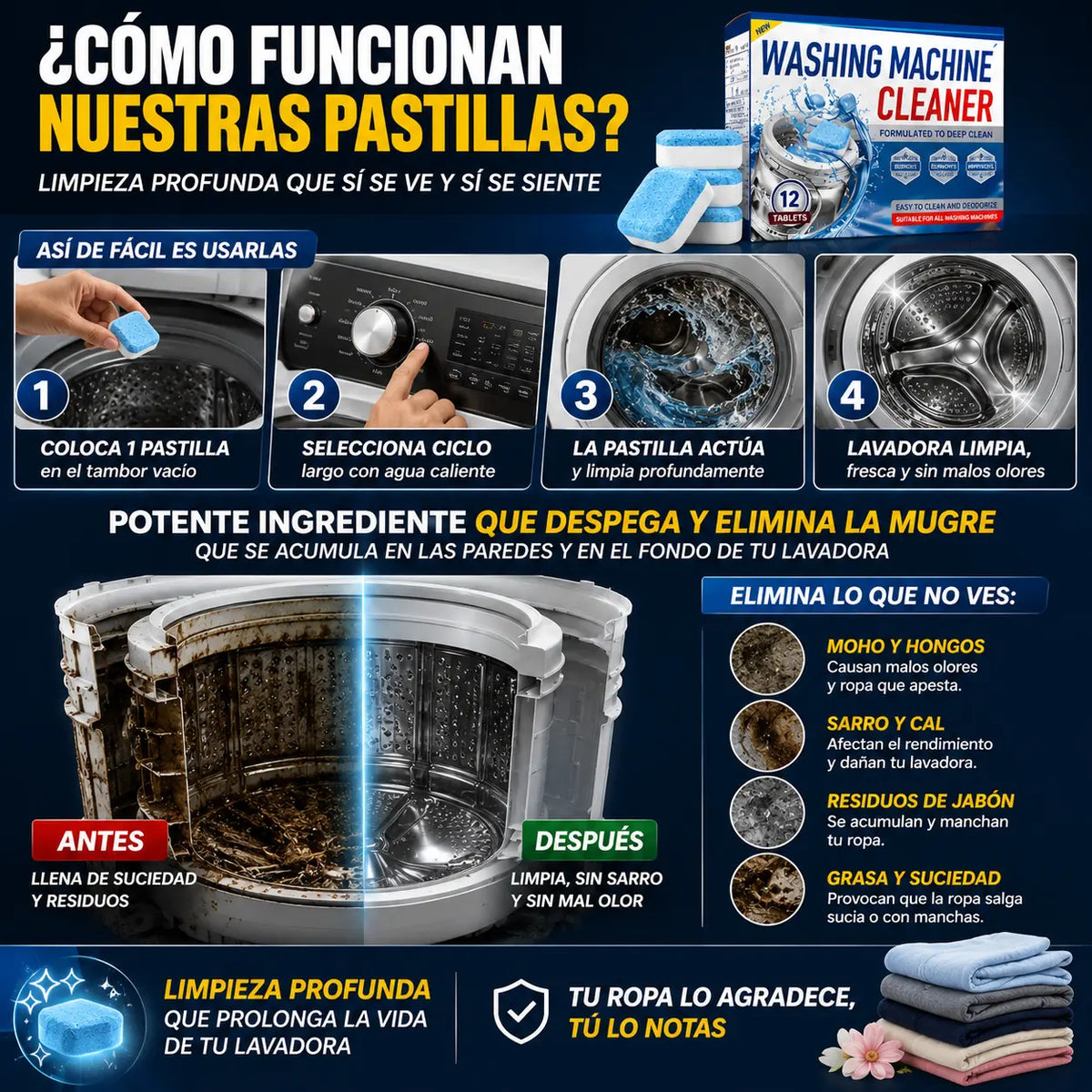 WashCleaner - Tabletas Efervescentes para limpiar Lavadoras 🧼