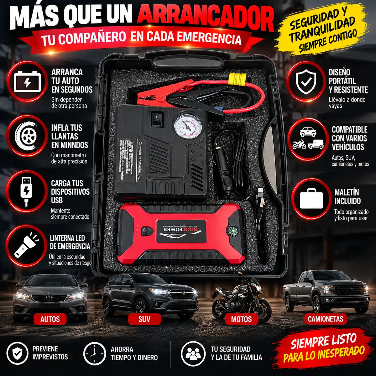 ArrancaPlus- Arrancador de Auto + Inflador Llanta 🚘
