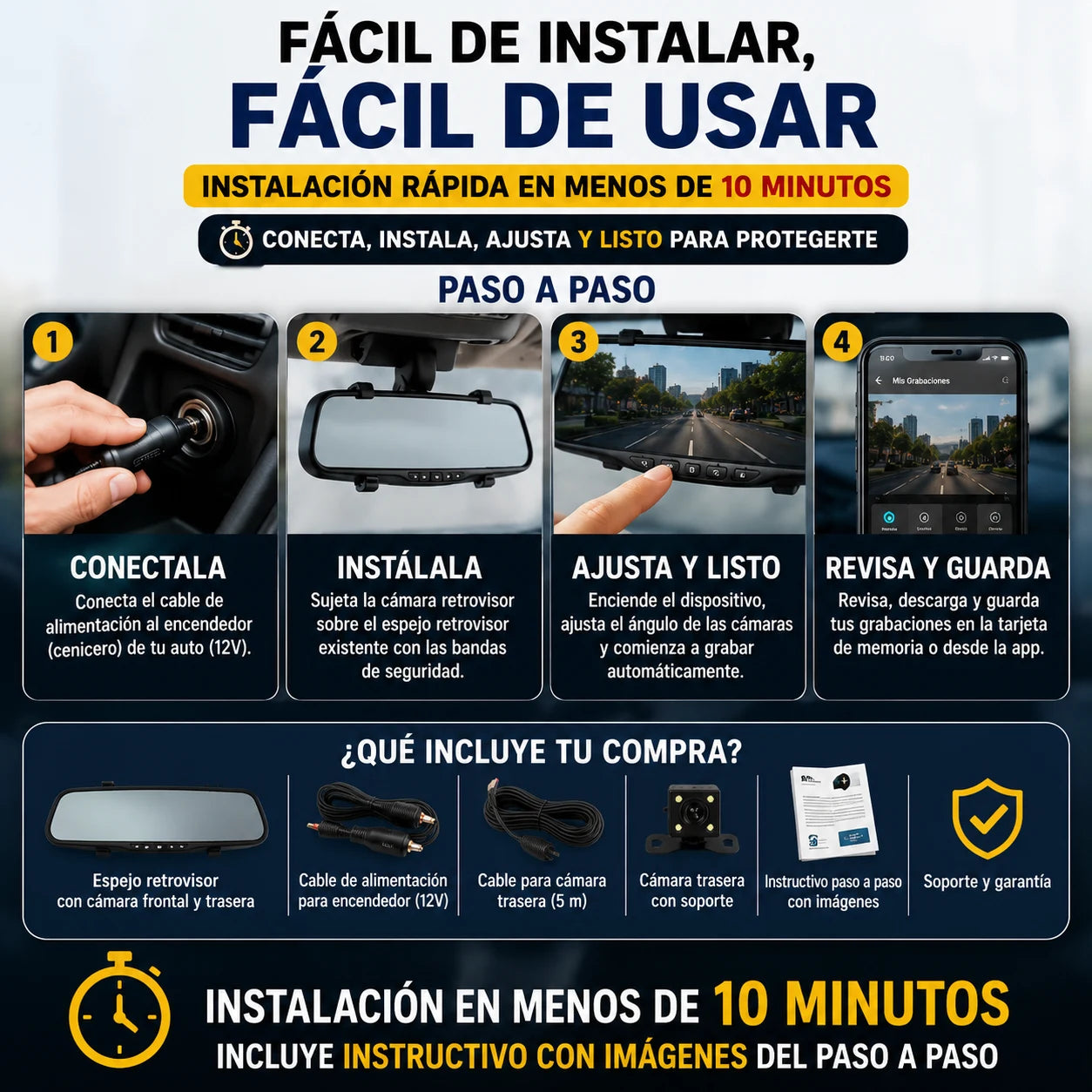 RetroVisor con Cámara Delantera y Trasera para Carro