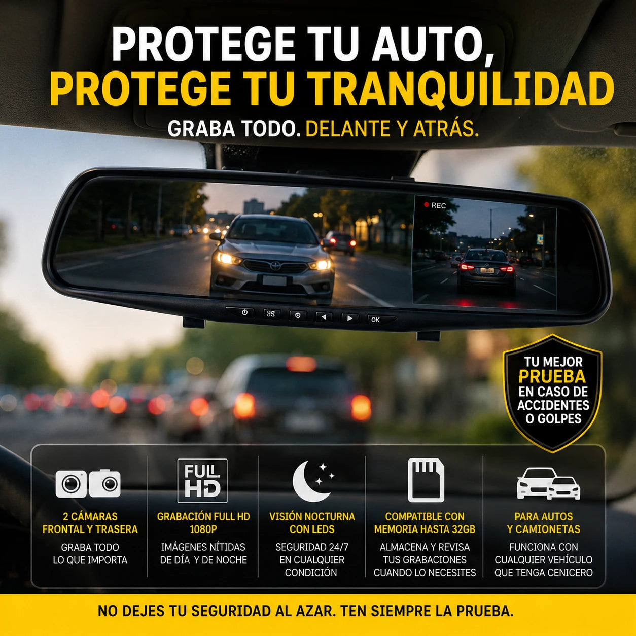 RetroVisor con Cámara Delantera y Trasera para Carro