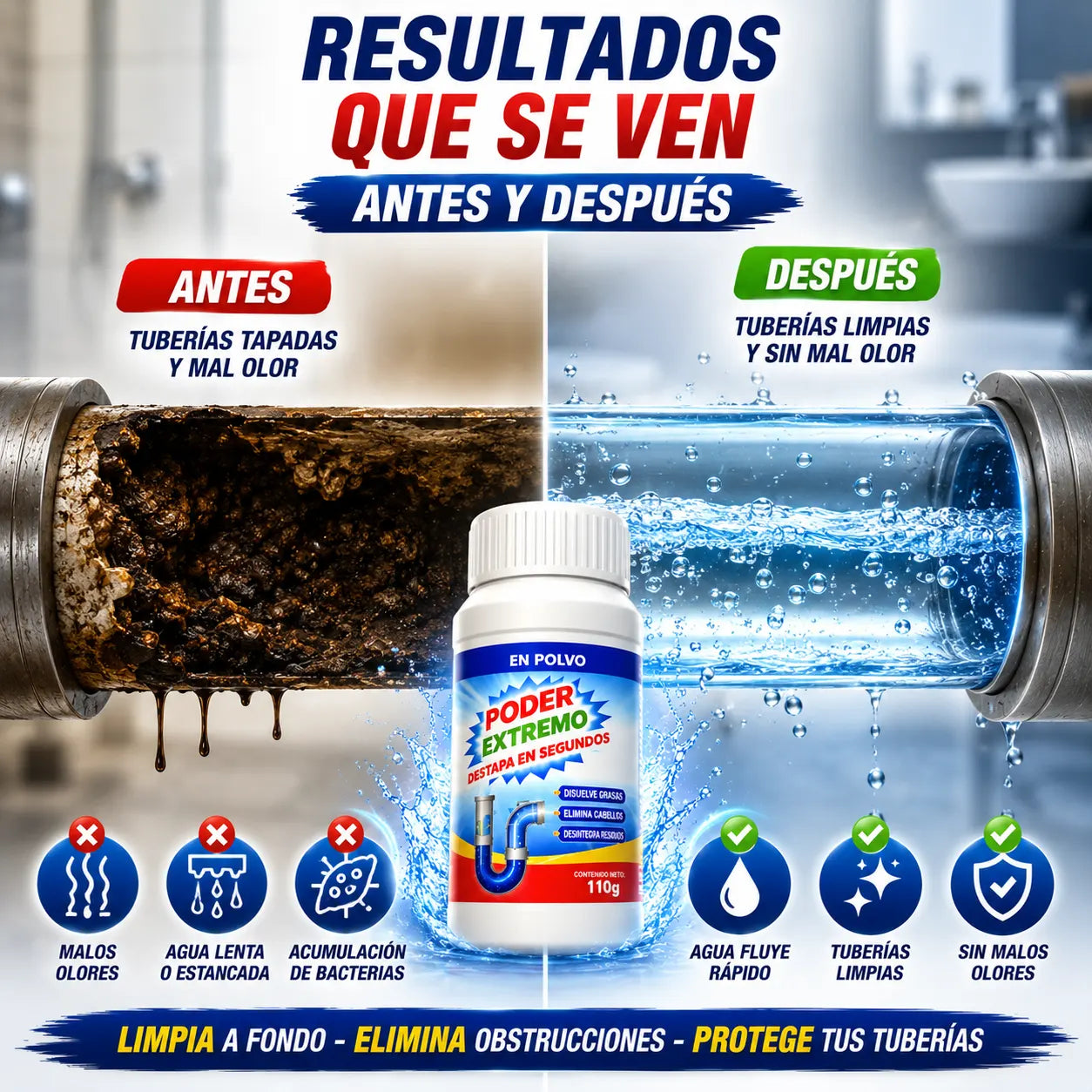 Detapacaños en Polvo - Destapa Coladeras, Tuberías, Inodoros, Fosas Sépticas